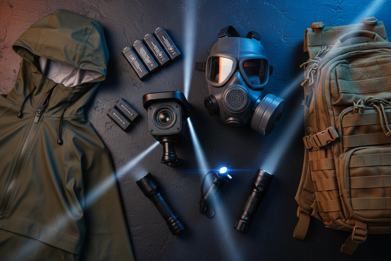Tienda online de tecnología y electrónica con productos tácticos: cámaras de vigilancia, mascarillas de gas, baterías, linternas, chubasqueros y mochilas.